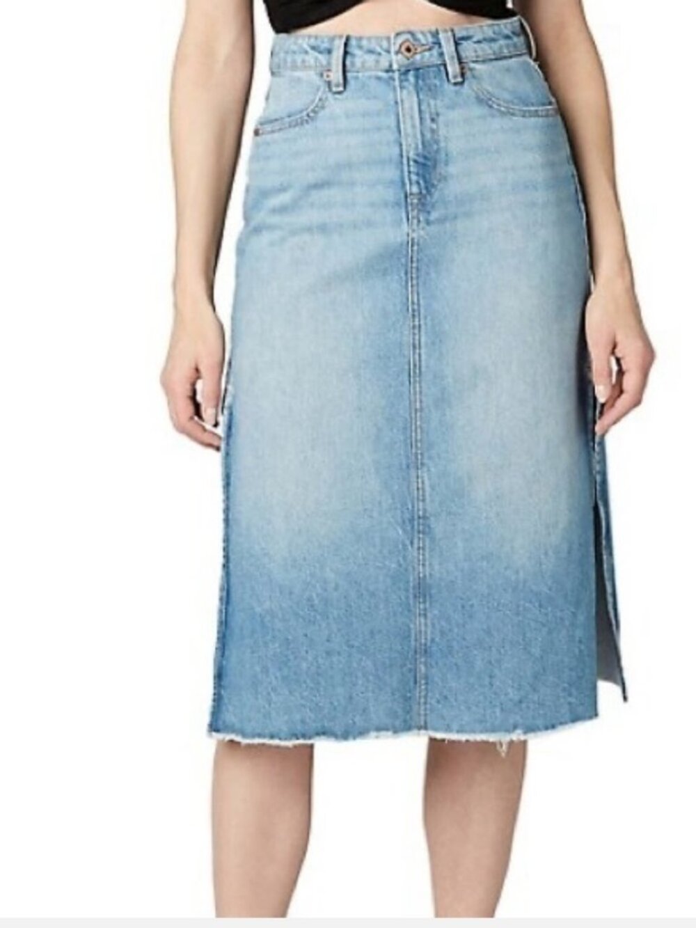 Buffalo Savana Light Wash Denim Midi Skirt w' Side Slits & Frayed Hem Size 29